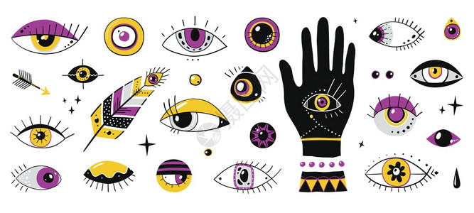 横扫当代装饰符号邪恶的魔力潮流元素眼睛的手星和珠矢量设置了孤立的图形不同种族的护身符眼手画睛涂抹当代装饰符号眼睛的手星和珠矢量孤背景图片