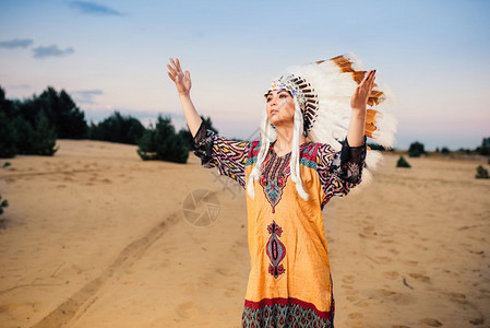 印第安女人头顶野鸟羽毛发饰背景图片