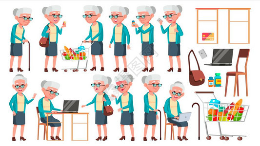 老年人快乐的祖父母介绍邀请贺卡设计孤立的漫画插图老年妇女固定的矢量可爱退休人员活动广告问候公设计背景图片