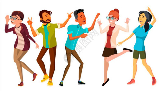 跳舞的人设置了向量成年人在行动格设计孤立的平板漫画插图微笑并玩得开心自由运动的姿势图片