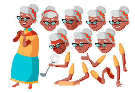 老年人成随意面感各种手势动画创作设置了孤立的平板卡通字符插图老年妇女黑人美籍老面对情绪动画创作设置孤立的平板卡通字符插图孤立的平图片
