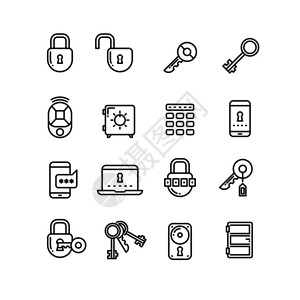 保安系统收集线安全图标显示锁和保安代码密钥锁挂安全门薄线矢量图标插画