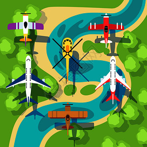 仔河流森林上方飞行的飞机和直升机图片