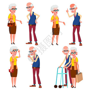 老年夫妇设定矢量现代祖父母老人戴眼镜的面孔情绪幸福的人一起欧洲孤立的扁卡通插图祖父和母银发高级女士和绅情况老年人女士和绅孤立的扁背景图片