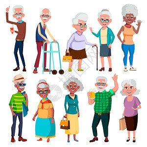 老人向量祖父和母面对情绪快乐的人黑美国欧洲孤立的漫画插图孤立的平板漫画插图图片
