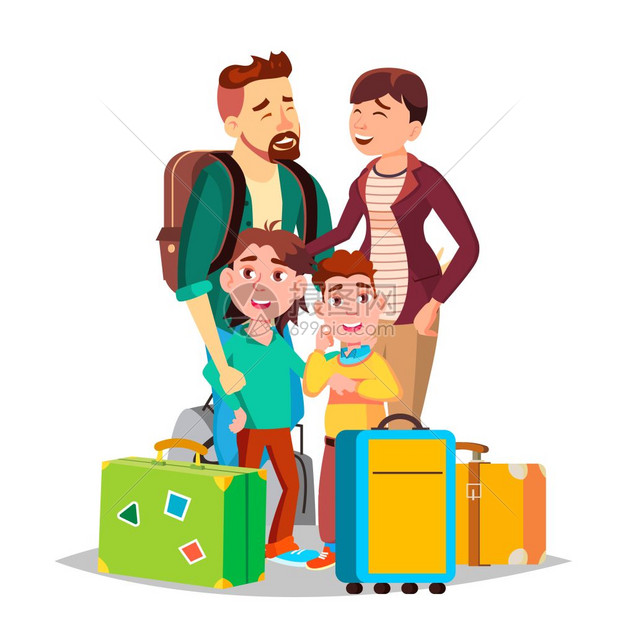 快乐一家人提着旅行箱去旅行