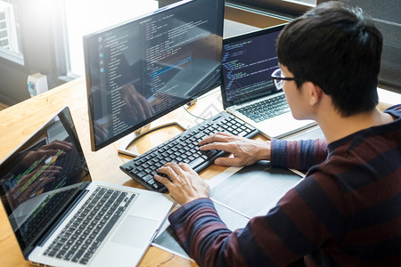 在办公室开发电脑编程代码技术或网站设计工作的编程员背景图片