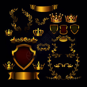 金矢量传道元素王冠laure花环和王冠盾牌3个标签和徽章的王冠架子封座的王冠金皇插图金王冠laure花环和3个标签徽章的王冠盾牌图片