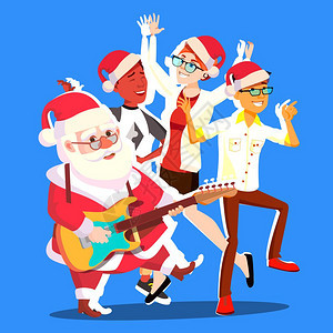 和一群人共舞吉他在手快乐跳舞圣诞派对矢量插图圣达舞与一群人共图片