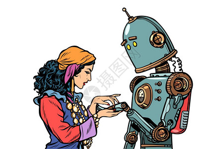一个吉卜赛人亲手讲述财富机器人想知道爱情流行艺术回溯矢量插图老古董机器人想知道ab图片