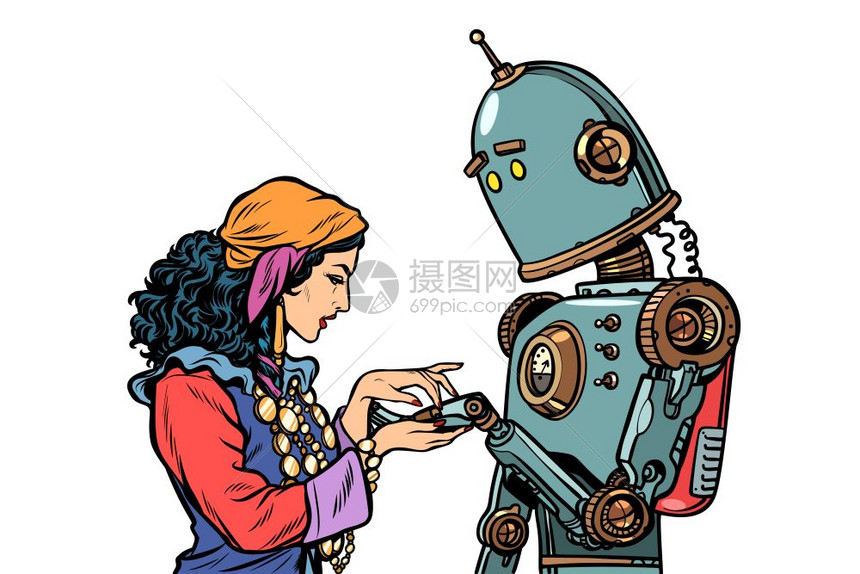 一个吉卜赛人亲手讲述财富机器人想知道爱情流行艺术回溯矢量插图老古董机器人想知道ab图片