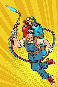 电焊工钢气瓶超级英雄火气瓶超级英雄火花回源矢量插图古董煤气瓶超级英雄图片