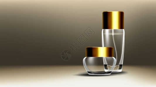 化妆品玻璃设计矢量面部护理润滑剂水疗化妆品瓶子罐3个透明现实的模拟样板插图3个孤立透明图片
