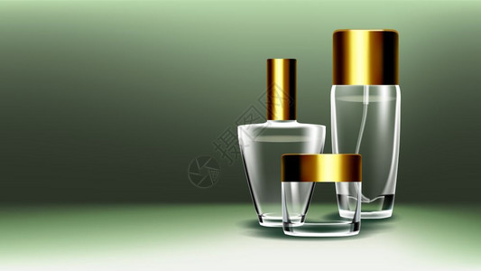 香温化妆瓶罐透明现实的模拟样板插图玻璃化妆品制矢椰孤立的透明图片