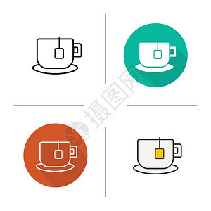 茶杯图标平板设计直线和颜色样式茶袋盘上的杯子孤立矢量插图图片