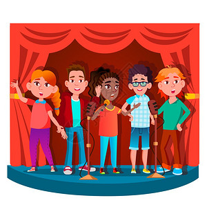 卡通可爱一组儿童在舞台上表演矢量插画图片