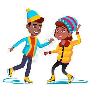 身穿冬衣的年轻女孩和男孩在冰上滑冰矢量插画图片