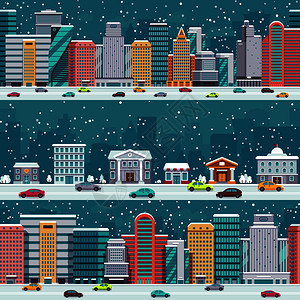 冬季城市风景汽车和建筑物圣诞节矢量图图片
