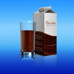 带有玻璃杯的巧克力矢量模板盒牛奶巧克力饮料插图巧克力与玻璃杯的巧克力现实矢量模板图片