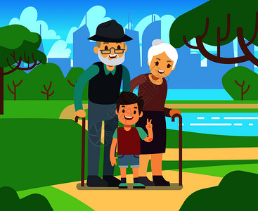 快乐的卡通老夫妇和孙子在公园矢量图中爷和祖母一起孙子快乐的卡通老夫妇和孙子在公园矢量图中图片