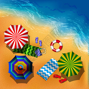 海滩沙和雨伞的顶端矢量说明夏季背景带彩色雨伞的夏季沙滩浏览海滨图片