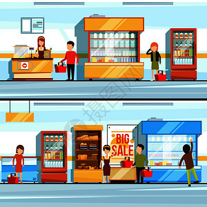 购物的矢量概念说明内地超市的人群商店柜台和不同产品检查线零售的购物和食品种类市场零售部图片
