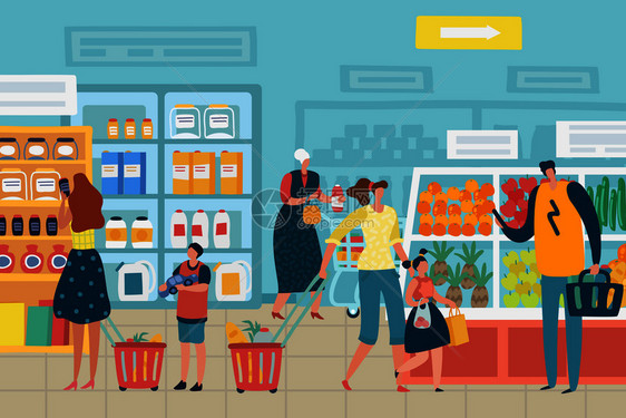 超市购物顾客选择食品矢量插画图片
