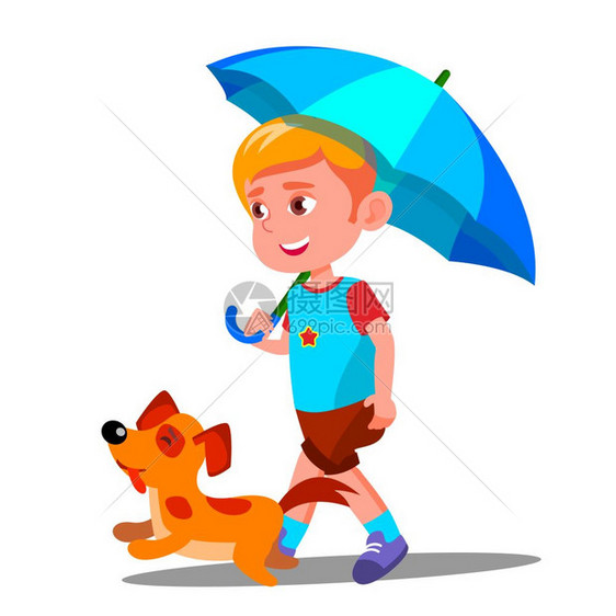 打着伞遛狗的小男孩卡通矢量插画图片