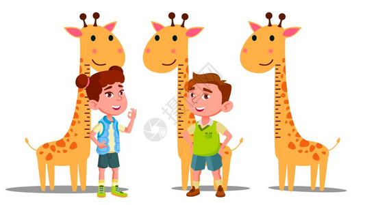 男孩女孤立的漫画插图统治婴儿高度的长颈鹿矢量孤立的扁漫画插图背景图片