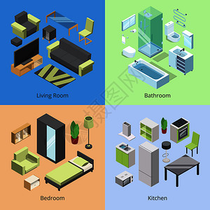 厨房卧室起居和浴的矢量等图示家中客厅的室内等量图示现代家庭房间的具各套不同厨房起居室和浴的矢量等图示厨房起居室和浴的矢量等图示图片
