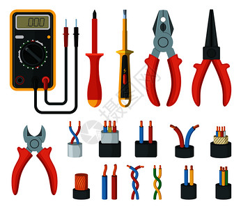 电线缆和不同的子工具切割器多米矢量图解是孤立的多米和电子工具设备螺丝起子和测试器电线和不同的子工具切割器多米矢量图解是孤立的图片