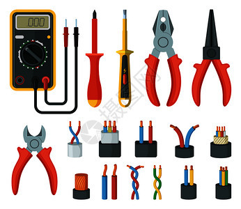 电线缆和不同的子工具切割器多米矢量图解是孤立的多米和电子工具设备螺丝起子和测试器电线和不同的子工具切割器多米矢量图解是孤立的背景图片