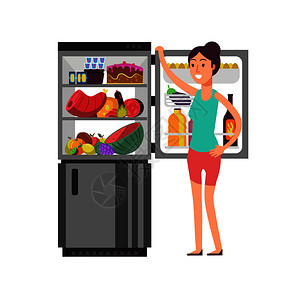 在冰箱吃不健康食物的女孩图片