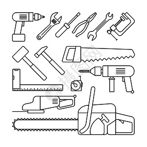 工具箱图标白色背景上的薄线黑图标螺丝起子钻锯和锤等工具矢量图解工具薄线图标背景