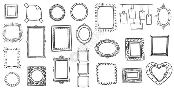 dole框架手画平方边界草图面和绘画框架或内用格状照片框架孤立矢量图解符号集面框草和图片