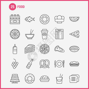 网络印刷和移动式ui工具包的食品线图标例如玻璃食品饮料杯汉堡饮食快象图包图片