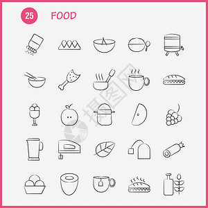 手画食物的图示移动式ui包和印刷设计括锅烹饪食品膳水壶茶叶收集现代信息标志和象形图图片