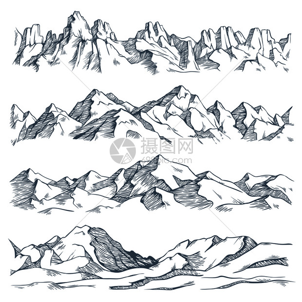山地景观雕刻古老手绘制山上徒步或攀登的草图自然高地绘画山景观雕刻