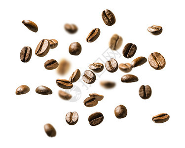 白色背景中飘浮着的咖啡豆图片