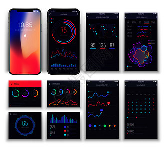 带有图表和的移动应用程序ux界面矢量模板智能手机u与界面应用程序信息图表报告和可视化解收集移动应用程序界面与图表和的矢量模板收藏图片