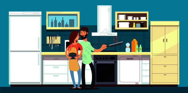 男女在厨房中快乐的烹饪矢量卡通插画图片
