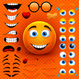 黄色3d笑脸卡通面部矢量字符构建器带有情感眼睛和嘴部的emoji演示表情微笑创造容字符构建器情感眼睛和嘴部的设置了情感眼睛和嘴部图片