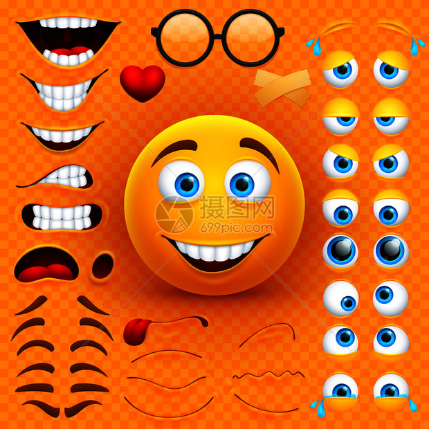 黄色3d笑脸卡通面部矢量字符构建器带有情感眼睛和嘴部的emoji演示表情微笑创造容字符构建器情感眼睛和嘴部的设置了情感眼睛和嘴部图片