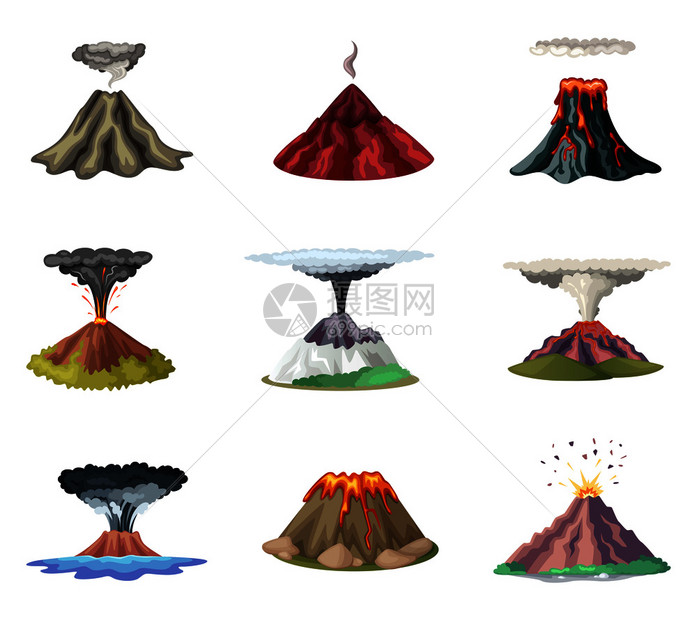 一组山脉矢量和火的热爆发和地震后火山爆发和炸的例证