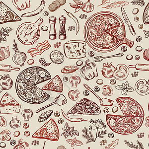 使用意大利古典食品的无缝模式手画比萨饼的插图意大利比萨饼背景奶酪蘑菇和辣椒蔬菜矢量手画比萨饼的无缝模式手画比萨饼的插图图片