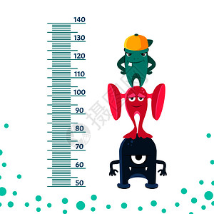 从50公尺到14分高的壁或度计上面有可爱的怪物在米墙厘上测量高度用矢说明壁或高度计从50公分到14上面有可爱的怪物图片