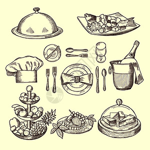 餐桌上的食物用于设计餐厅菜单的色相片用于菜单的矢量餐厅盘用于菜单的草图晚餐绘画插用于菜盘的食品图片