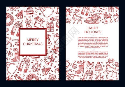 带有antxms树礼品和钟牌卡模板带有框架和文字插图位置Sant礼品和钟牌模板的矢量手工绘制圣诞元素图片