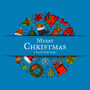 手画彩色的圣诞节元素带有圣塔xmas树礼品和铃声圆环贺卡或背景图示圣诞节和新年横旗徽章圆环手画彩色圣诞元素带有sant礼品和铃声图片