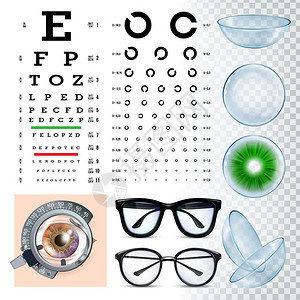 眼科工具视力检查设备矢量眼科附件测试镜片和科医生访问视力检查现实的图解视力检查设备矢量图片